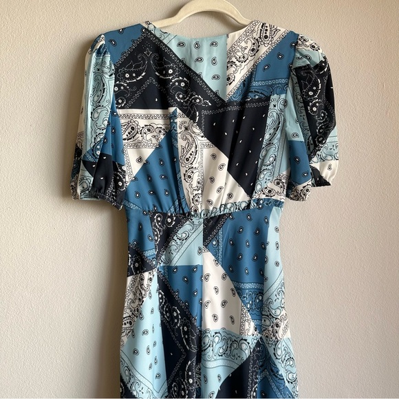 STAUD Milla Midi Dress Patchwork Bandana Capri w/ Short Puff Sleeves & Slit - Picture 7 of 11